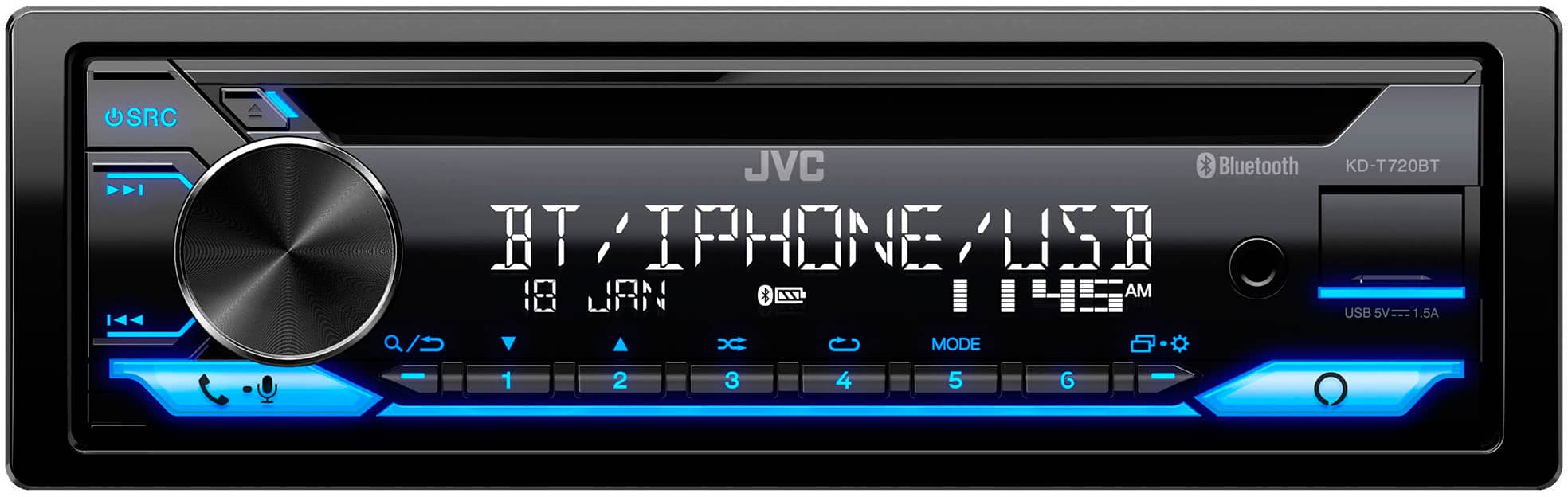 Front. JVC - Bluetooth CD Receiver with Alexa Built-In and USB Rapid Charge, Detachable Faceplate - Black.