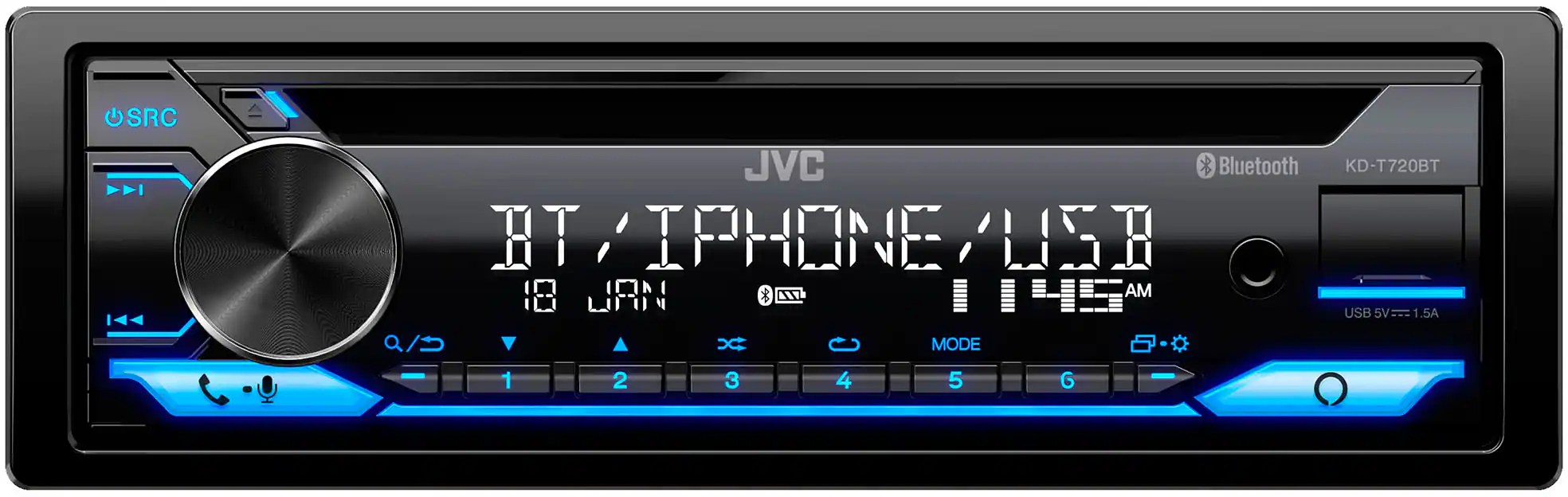 Front. JVC - Bluetooth CD Receiver with Alexa Built-In and USB Rapid Charge, Detachable Faceplate - Black.
