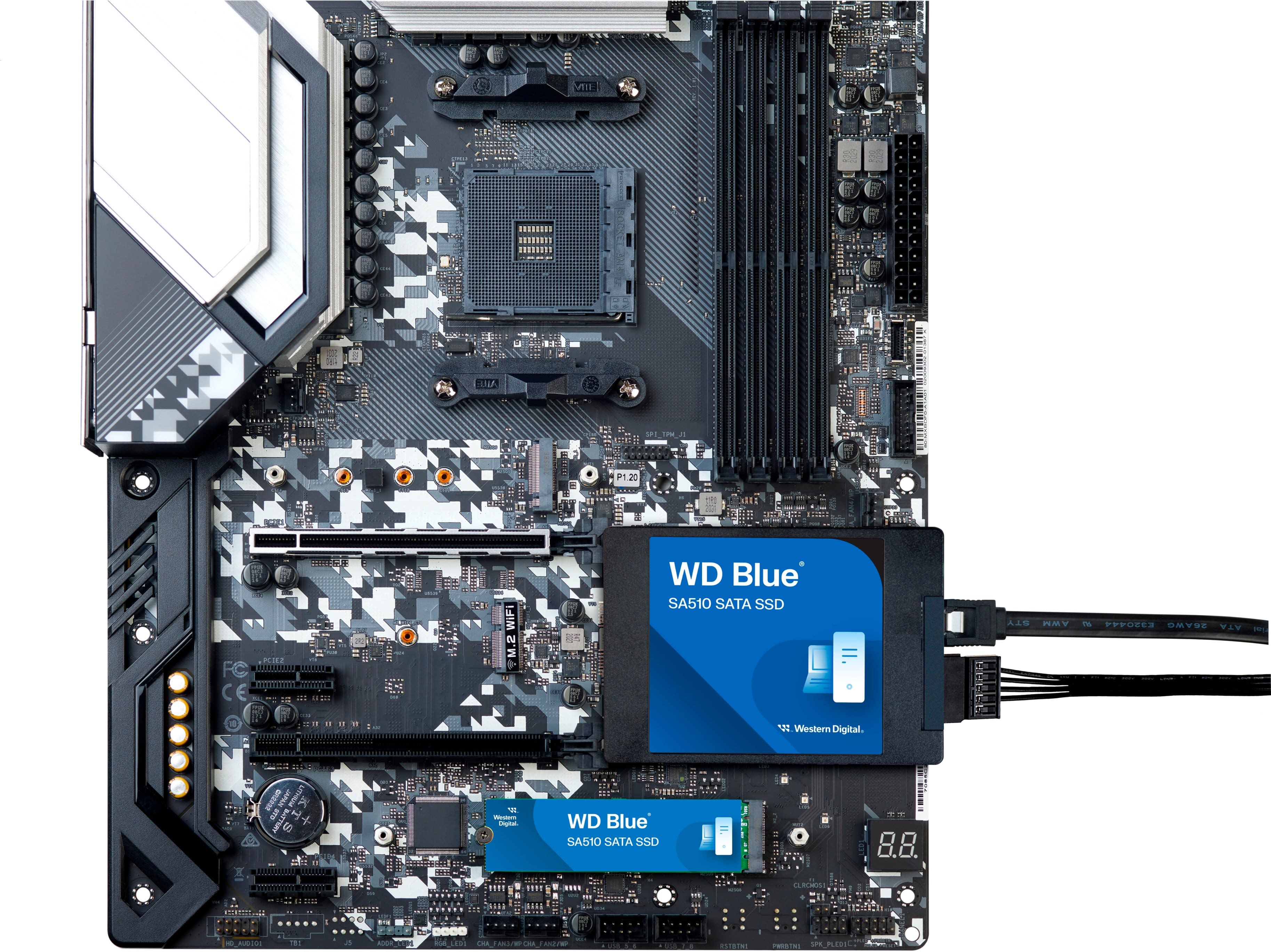 The text on the image reads: "5 1 DREA ...**** 11.80081 P1.20 FC CE IZ RNI ... 1BM i WIF S.M WD Blue SA510 SATA SSD STV Y -e PPPURS SYM YV 1 Western Digital."