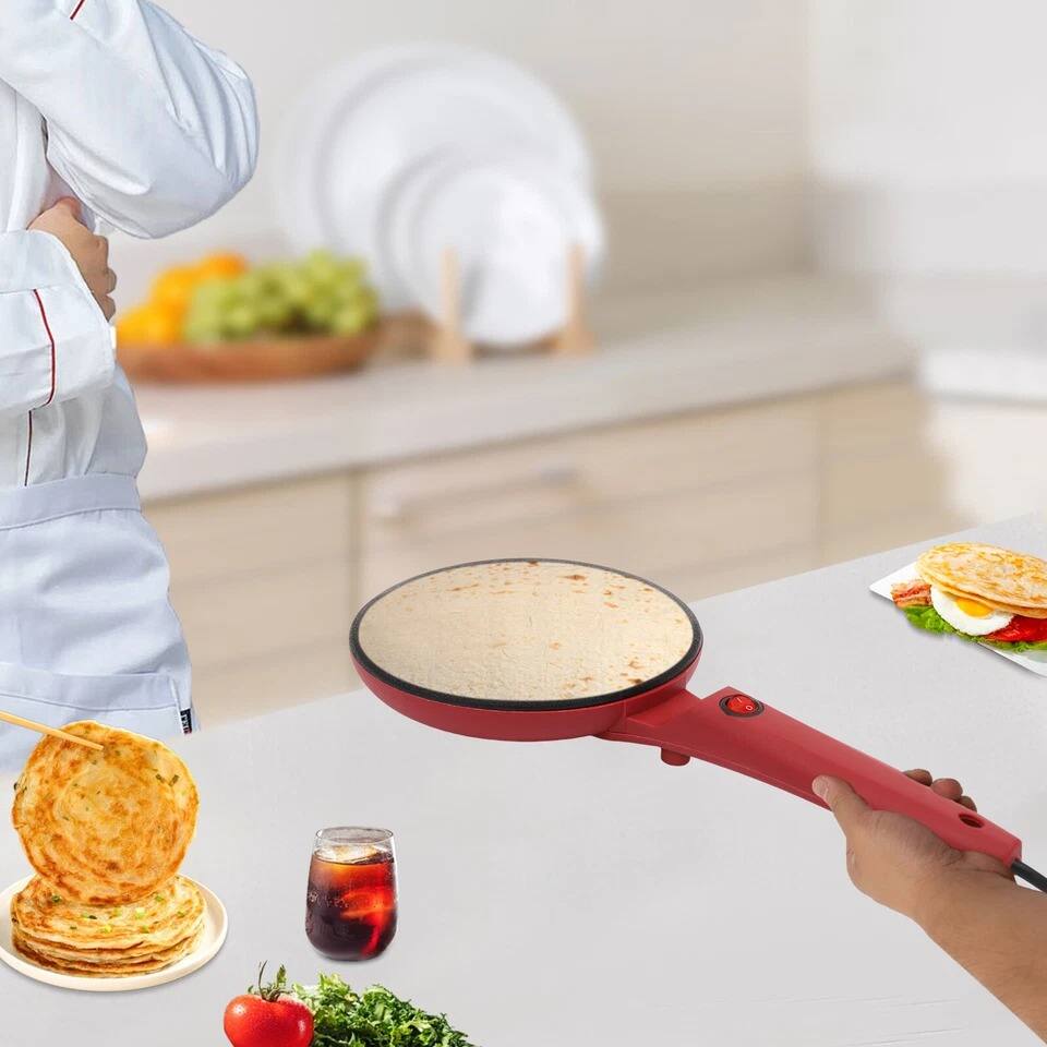 Alt View 2. Home Collection - Electric Crepe Maker 8-Inch Non-Stick Pancake Griddle 550W Red Portable Baking Pan - Red.