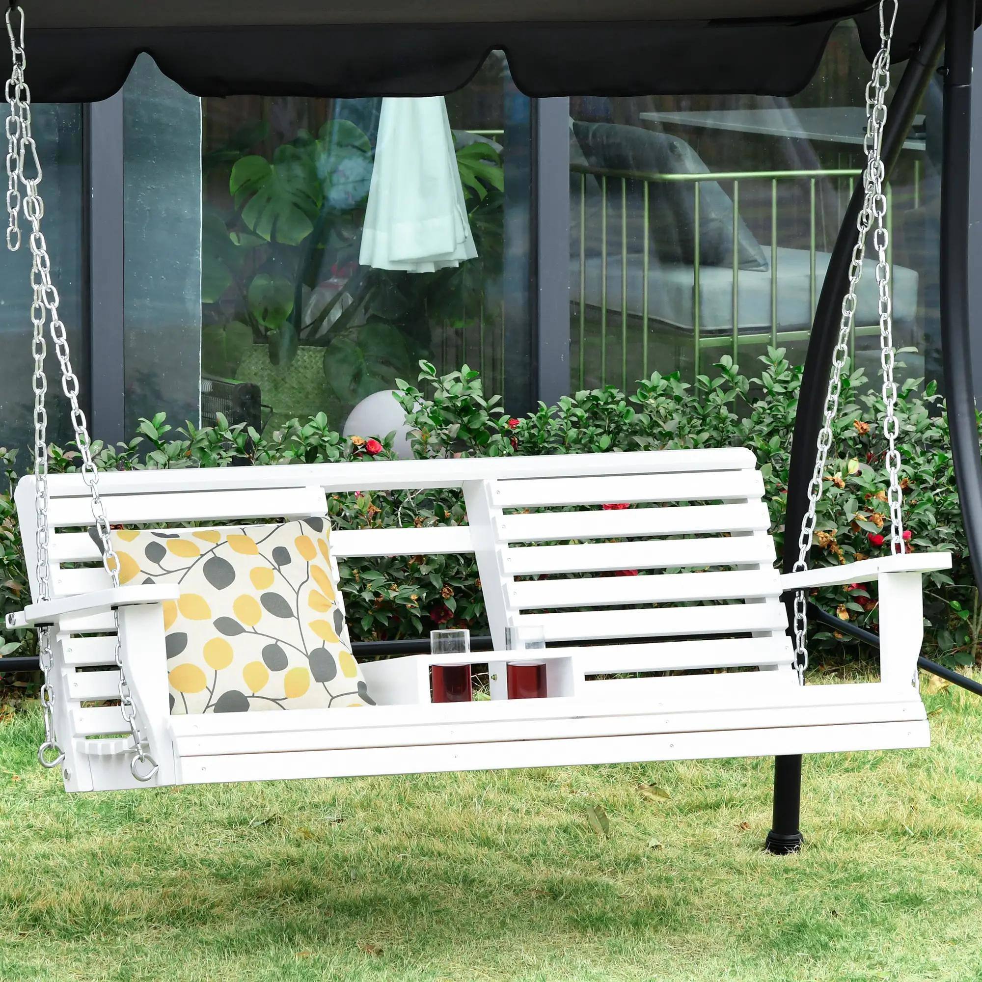 Angle. Resenkos - Resenkos 3-Seater Outdoor Swing Bench, Folding Coffee Table, Cup Holders, Chains, 440lb Capacity, White.