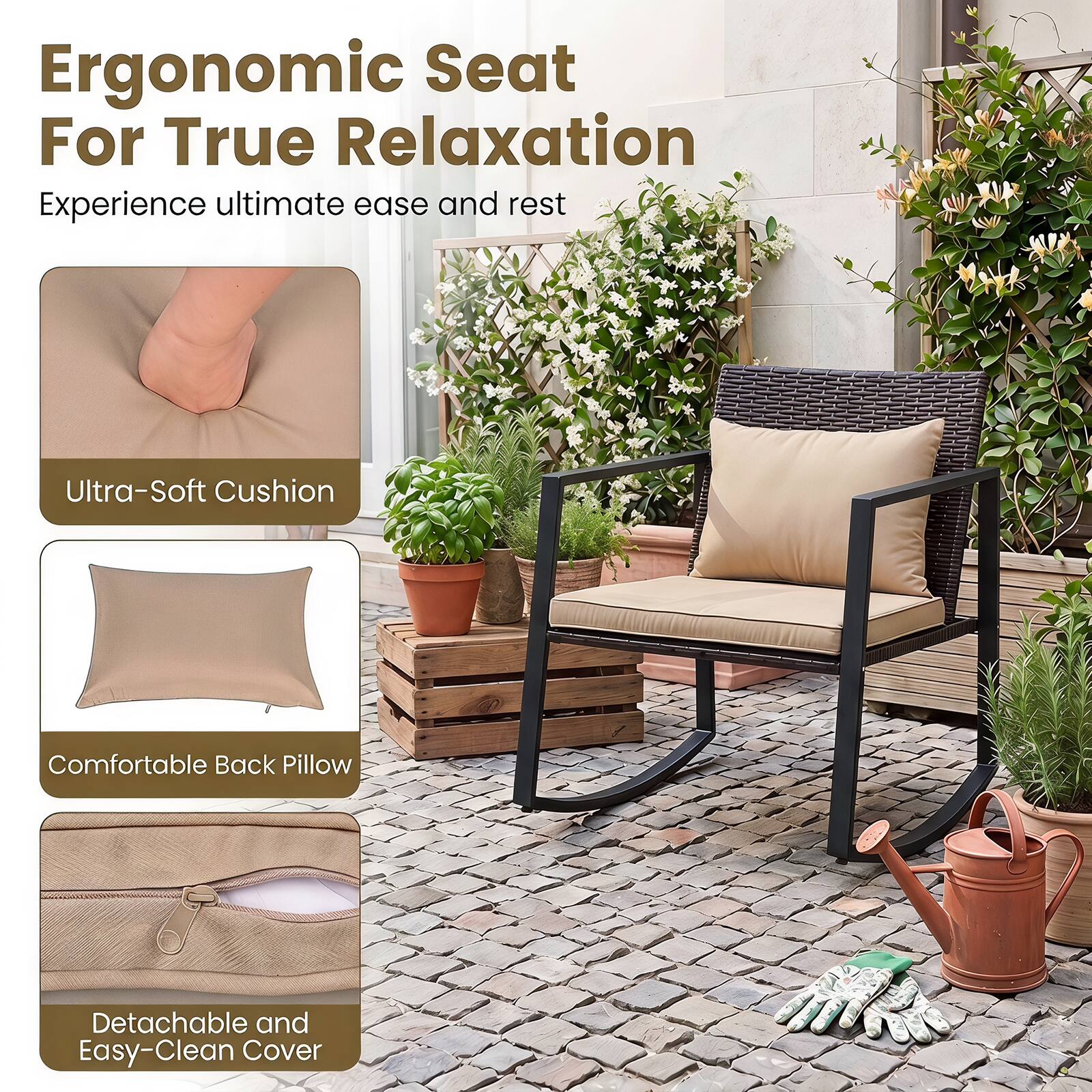 Ergonomic Seat For True Relaxation  
Experience ultimate ease and rest  

Ultra-Soft Cushion  
Comfortable Back Pillow  
Detachable and Easy-Clean Cover