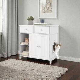 BreeBe - Multi-Functional Wooden Cat Cabinet with Hidden Washroom and Storage Drawers - White