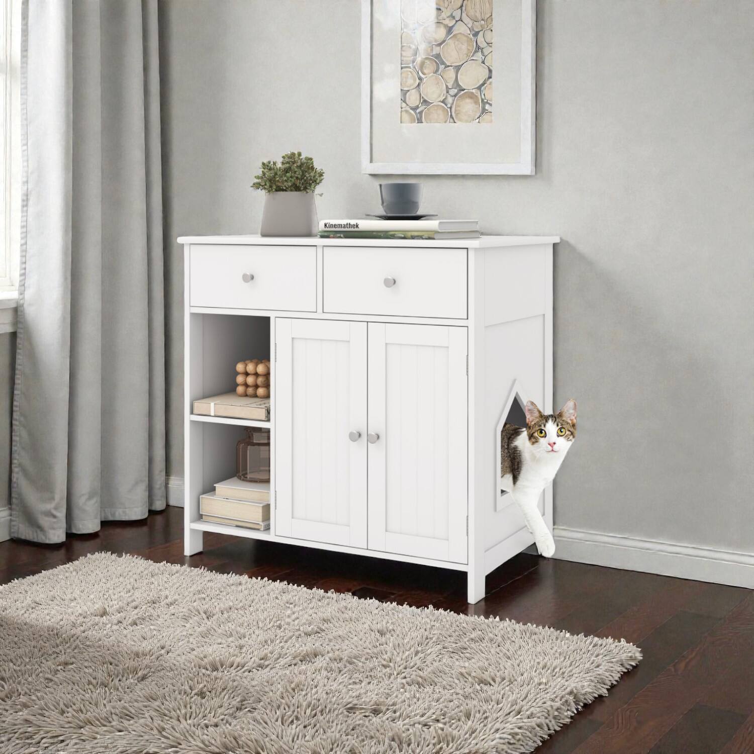 Front. BreeBe - Multi-Functional Wooden Cat Cabinet with Hidden Washroom and Storage Drawers - White.
