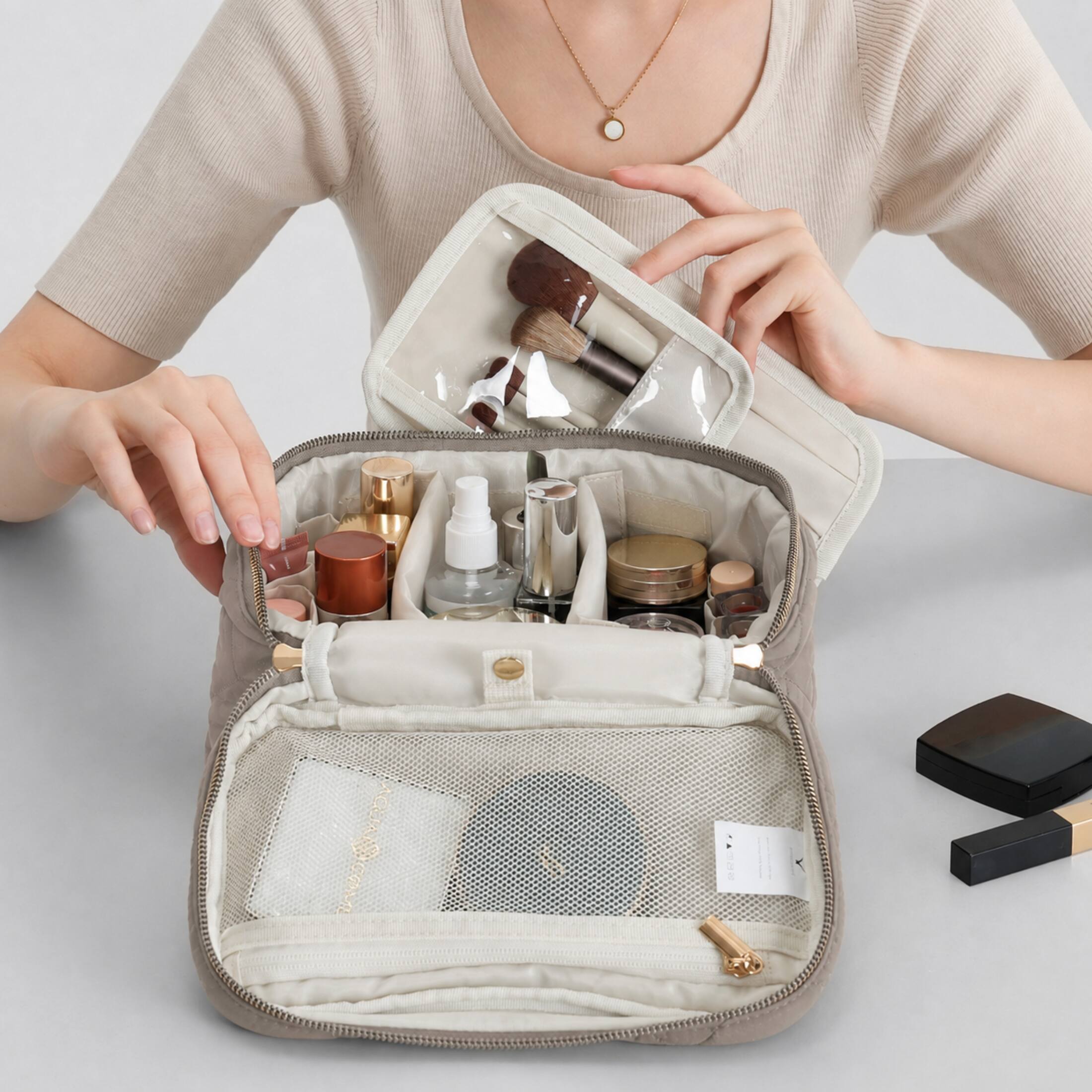 Alt View 2. Hynes Eagle - Quilted Top Handle Toiletry Bag - Desert Khaki.