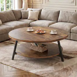 Aheaplus - 35.4'' Round Coffee Table with Storage, 2-Tier Small Modern Coffee Table for Living Room - Brown