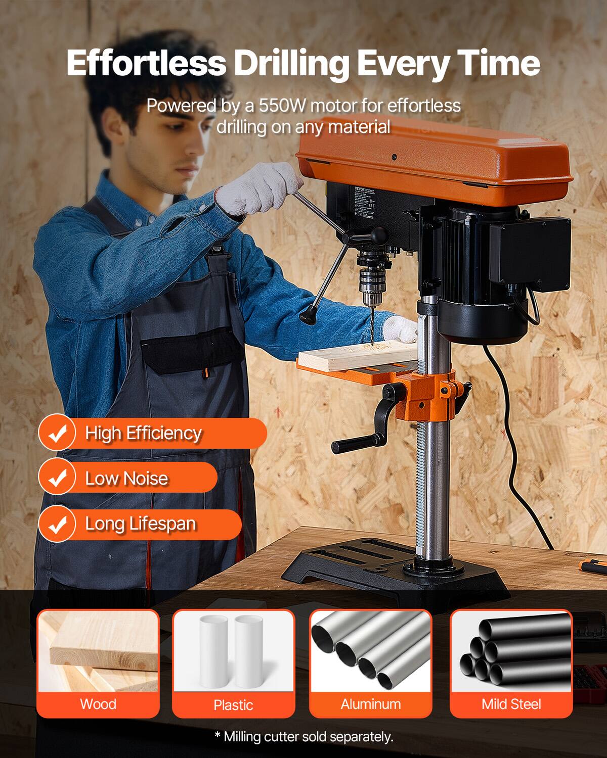 Effortless Drilling Every Time  
Powered by a 550W motor for effortless drilling on any material  

High Efficiency  
Low Noise  
Long Lifespan  

Wood  
Plastic  
Aluminum  
Mild Steel  

*Milling cutter sold separately.
