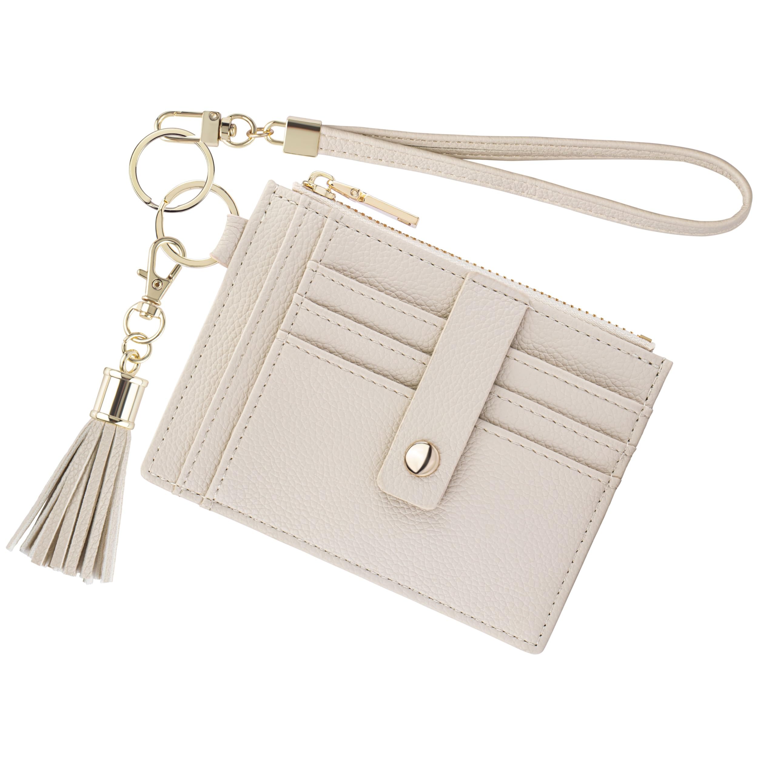 Front. Jadie Link - Wristlet Keychain Wallet Women Slim Rfid Blocking Credit Card Holder Zip Case Small Compact Leather Purse beige - Beige.