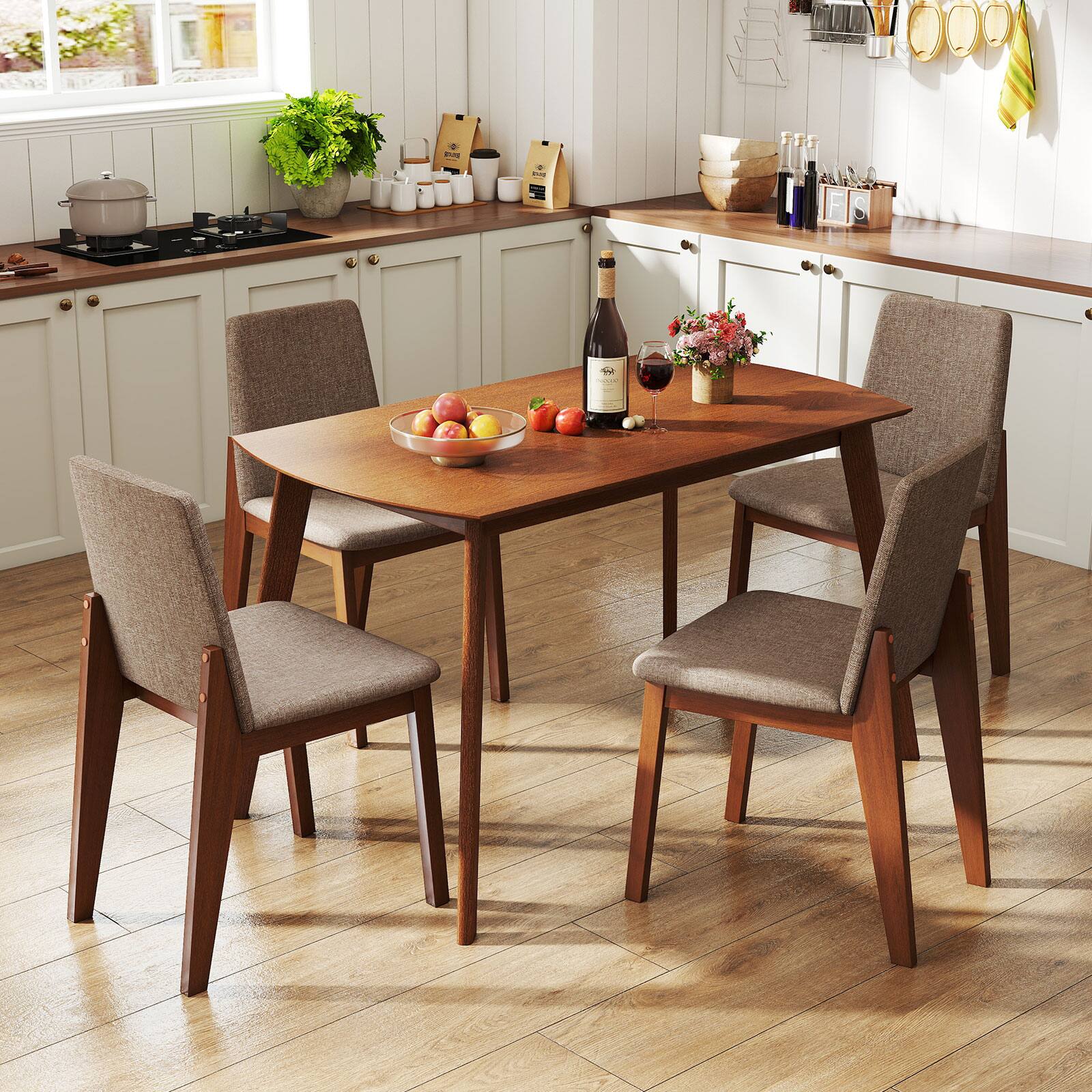 Alt View 1. Costway - Costway 5-Piece Dining Table Set for 4,Rectangular Kitchen Table with Linen Fabric Chairs - Light Brown.