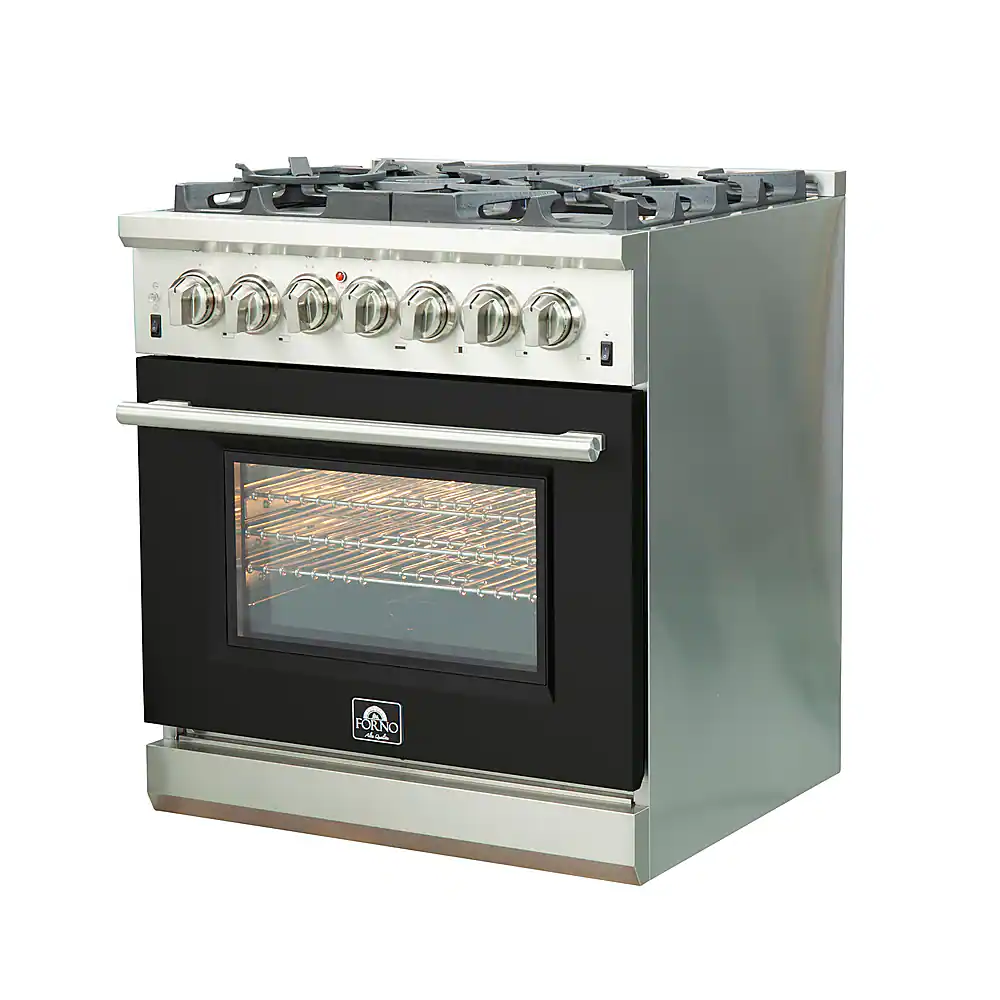 Angle. Forno Appliances - Capriasca 4.32 Cu. Ft. Freestanding Dual Fuel Electric Range with Convection Oven - Black Door.
