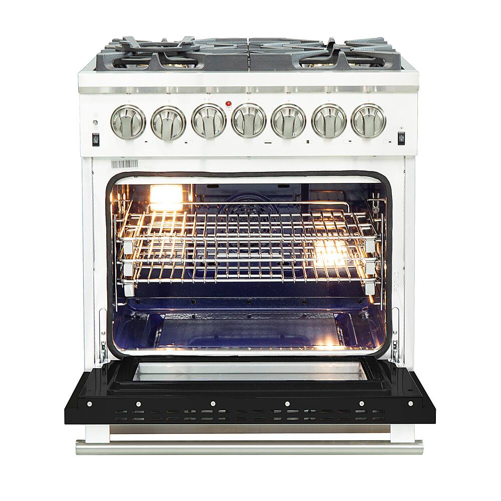 Left. Forno Appliances - Capriasca 4.32 Cu. Ft. Freestanding Dual Fuel Electric Range with Convection Oven - Black Door.