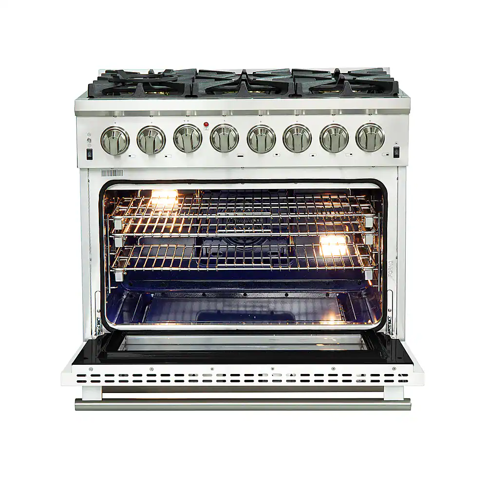 Left. Forno Appliances - Capriasca 5.36 Cu. Ft. Freestanding Dual Fuel Electric Range with Convection Oven - White Door.