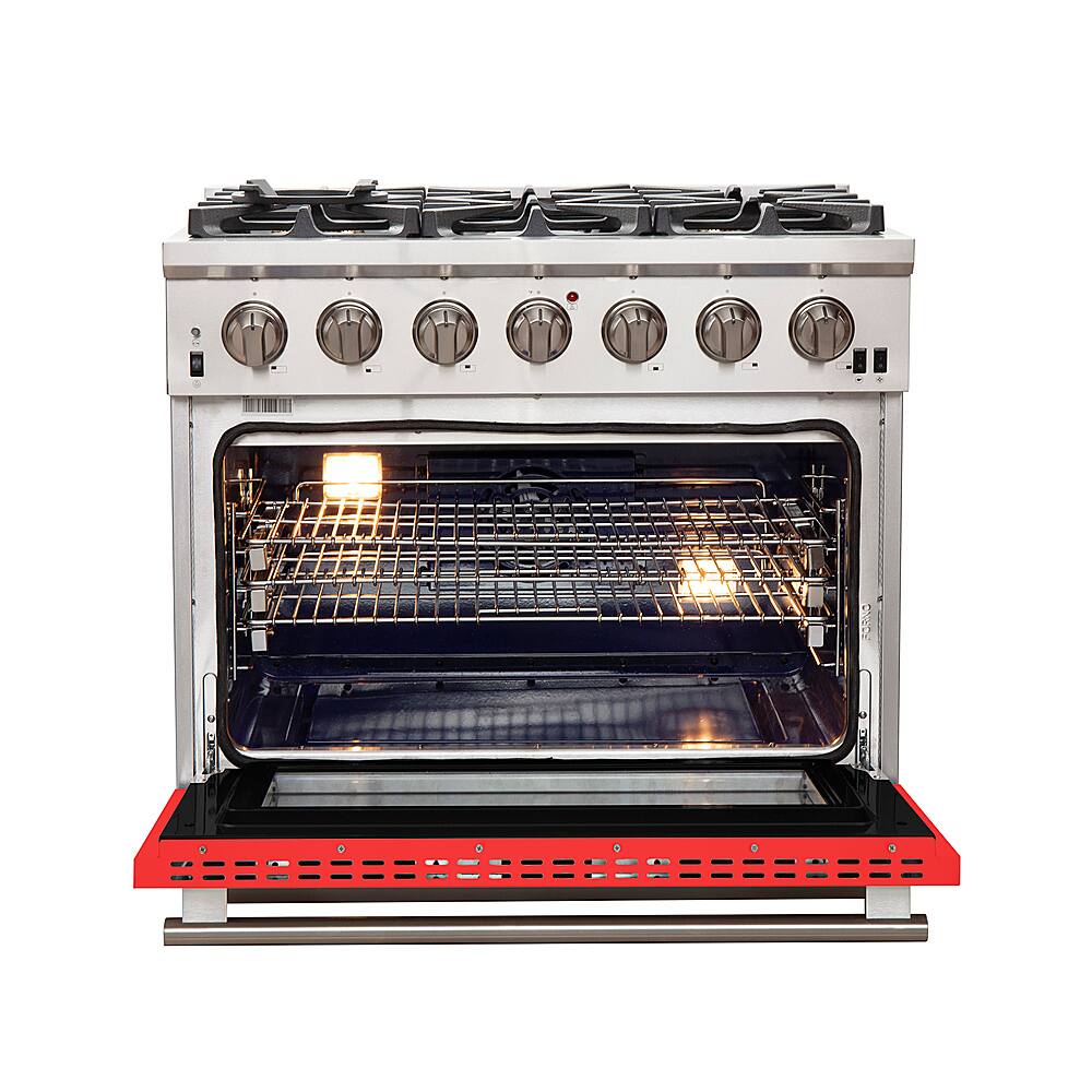 Left. Forno Appliances - Capriasca 5.36 Cu. Ft. Freestanding Gas Range with Convection Oven - Red Door - Red.