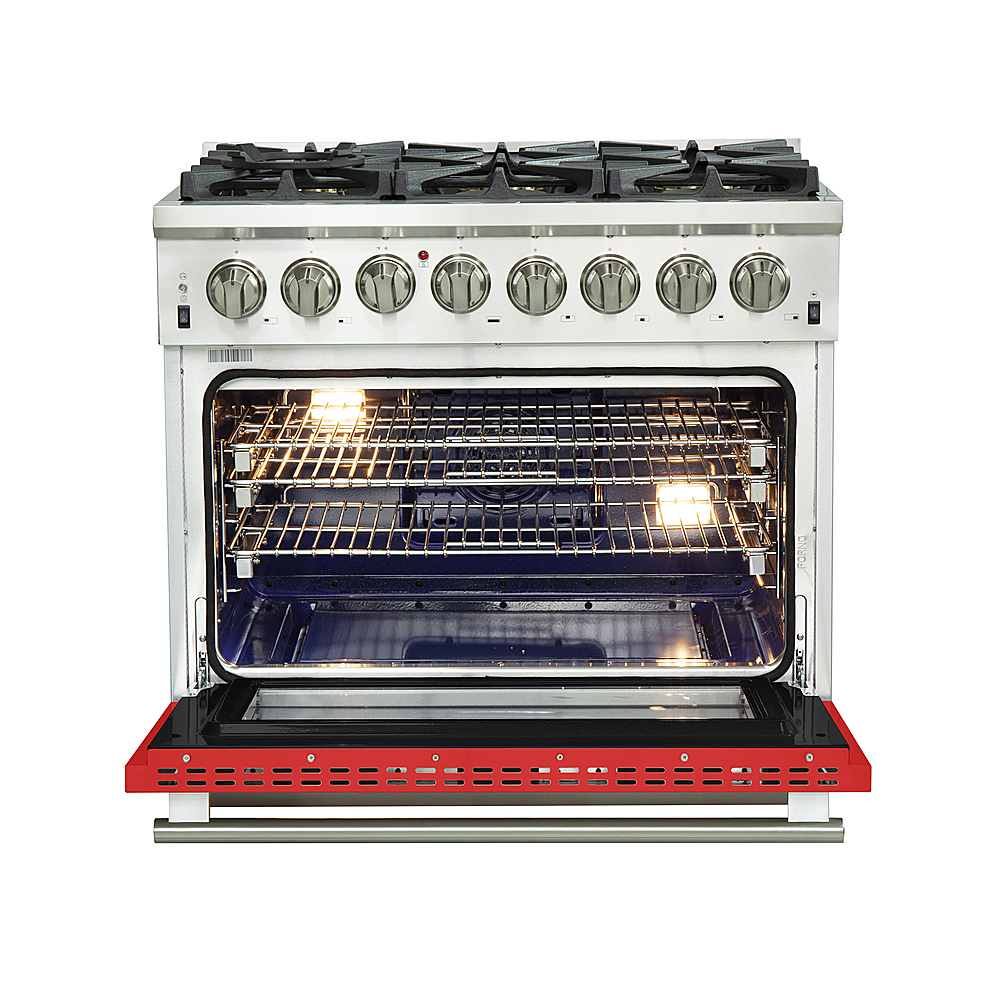 Left View: Forno Appliances - Capriasca 5.36 Cu. Ft. Freestanding Dual Fuel Electric Range with Convection Oven - Red Door