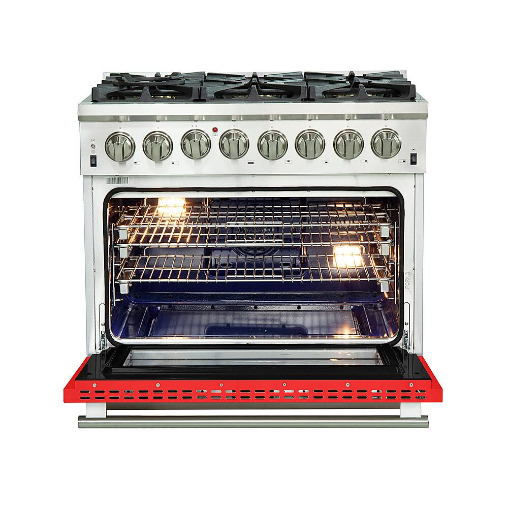 Left. Forno Appliances - Capriasca 5.36 Cu. Ft. Freestanding Dual Fuel Electric Range with Convection Oven - Red Door.
