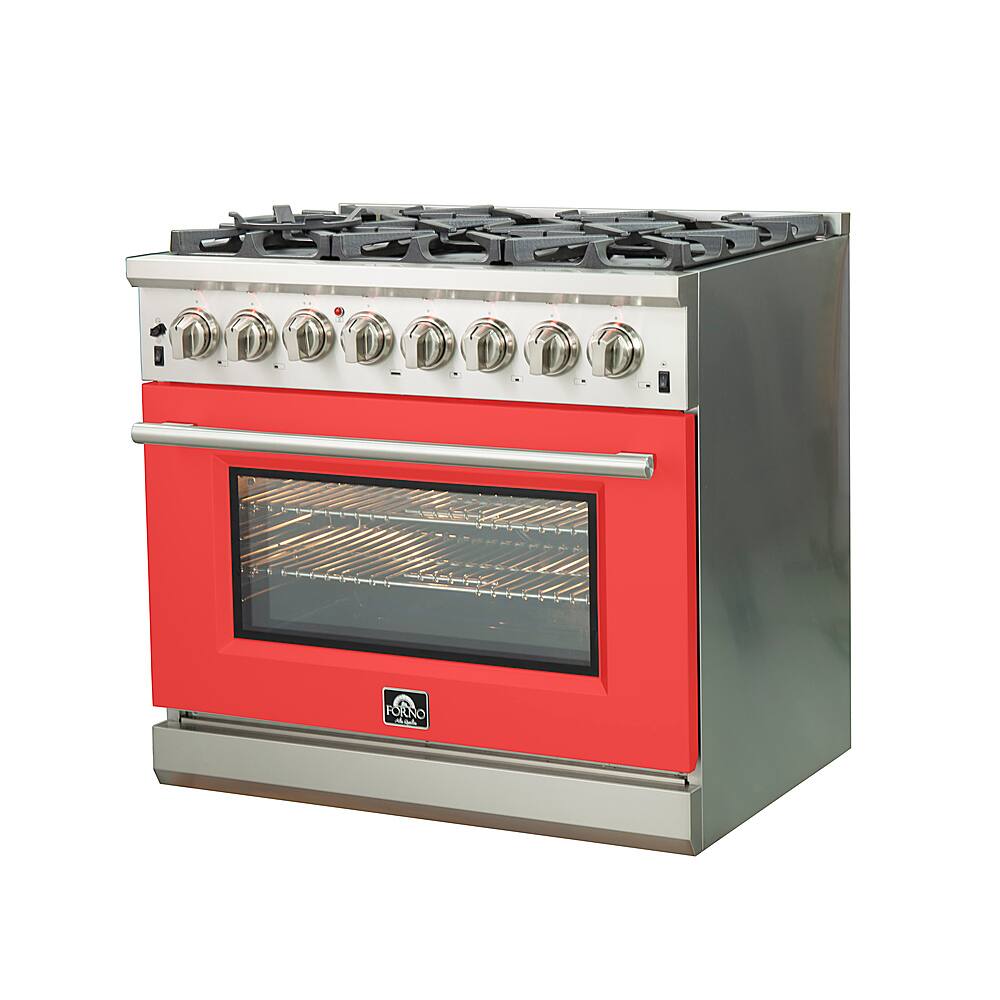 Angle. Forno Appliances - Capriasca 5.36 Cu. Ft. Freestanding Dual Fuel Electric Range with Convection Oven - Red Door.