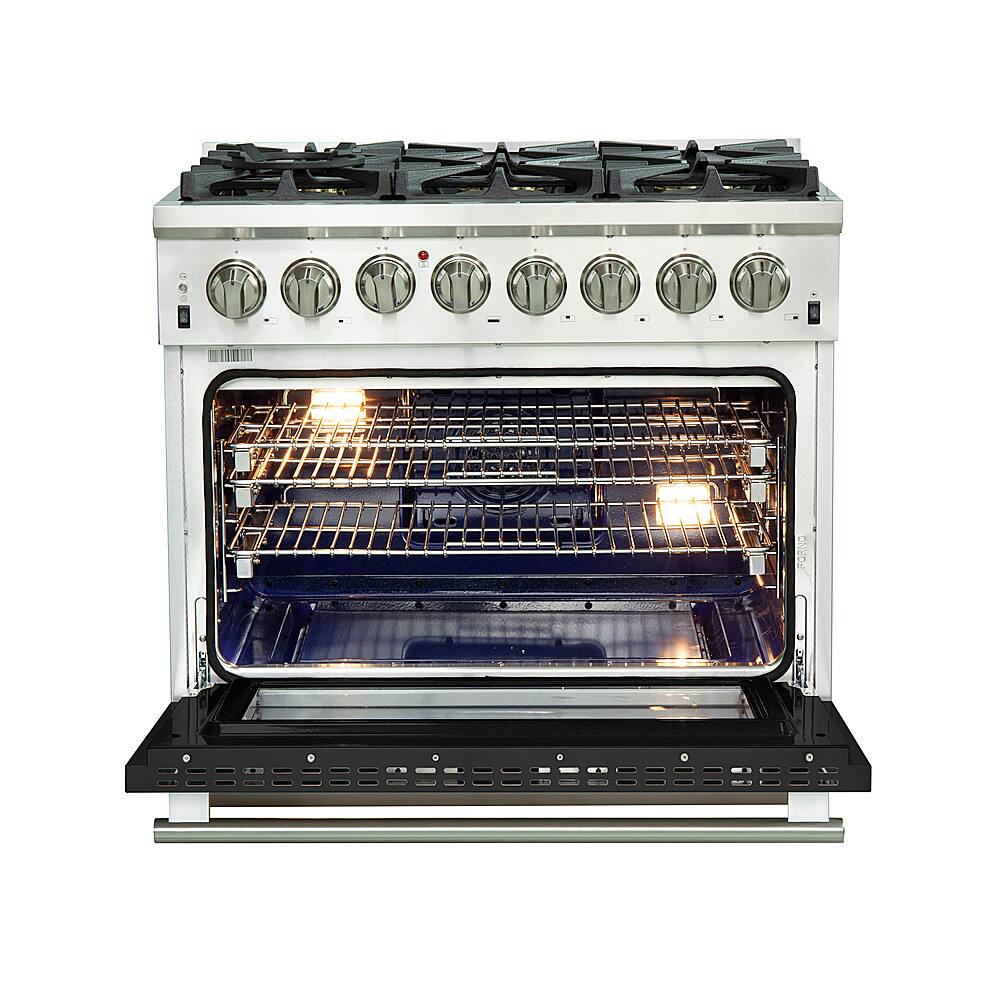 Left. Forno Appliances - Capriasca 5.36 Cu. Ft. Freestanding Dual Fuel Electric Range with Convection Oven - Black Door.