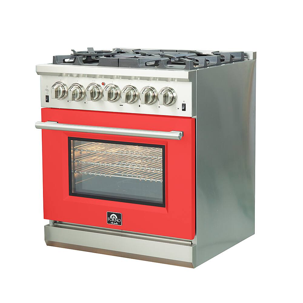 Angle. Forno Appliances - Capriasca 4.32 Cu. Ft. Freestanding Dual Fuel Electric Range with Convection Oven - Red Door.