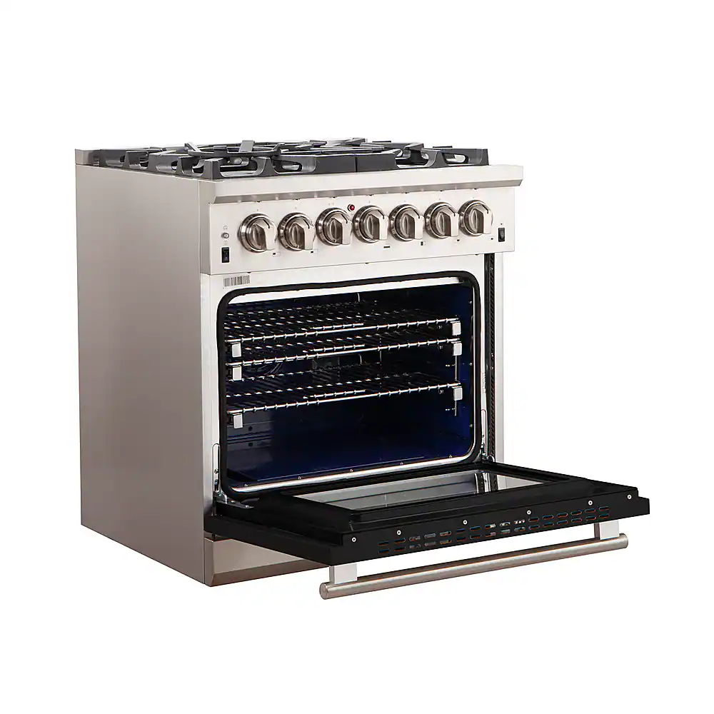 Left. Forno Appliances - Capriasca 4.32 Cu. Ft. Freestanding Gas Range with Convection Oven - Black Door - Black.