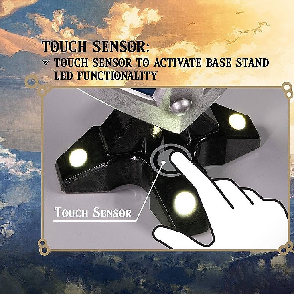 The image features a close-up view of a black object, possibly a toy or a gadget, with a white hand pressing a button on it. The object has a touch sensor, which is activating the base stand LED functionality. The image also includes a caption that reads "Touch Sensor: Touch Sensor to Activate Base Stand LED Functionality."