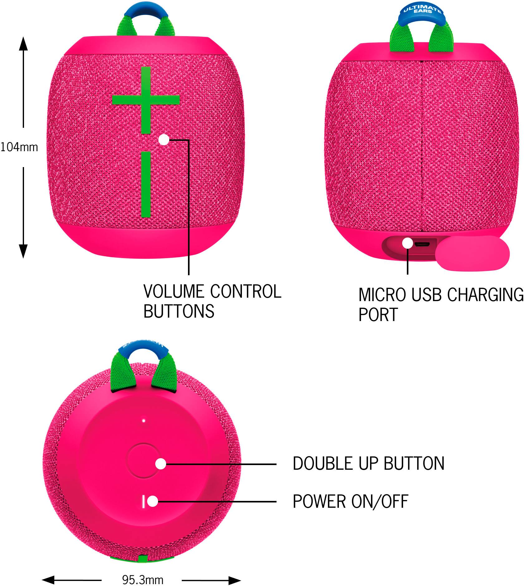 The image shows a pink speaker with a micro USB charging port and a double up button. The speaker has a volume control and is 95.3mm in size.