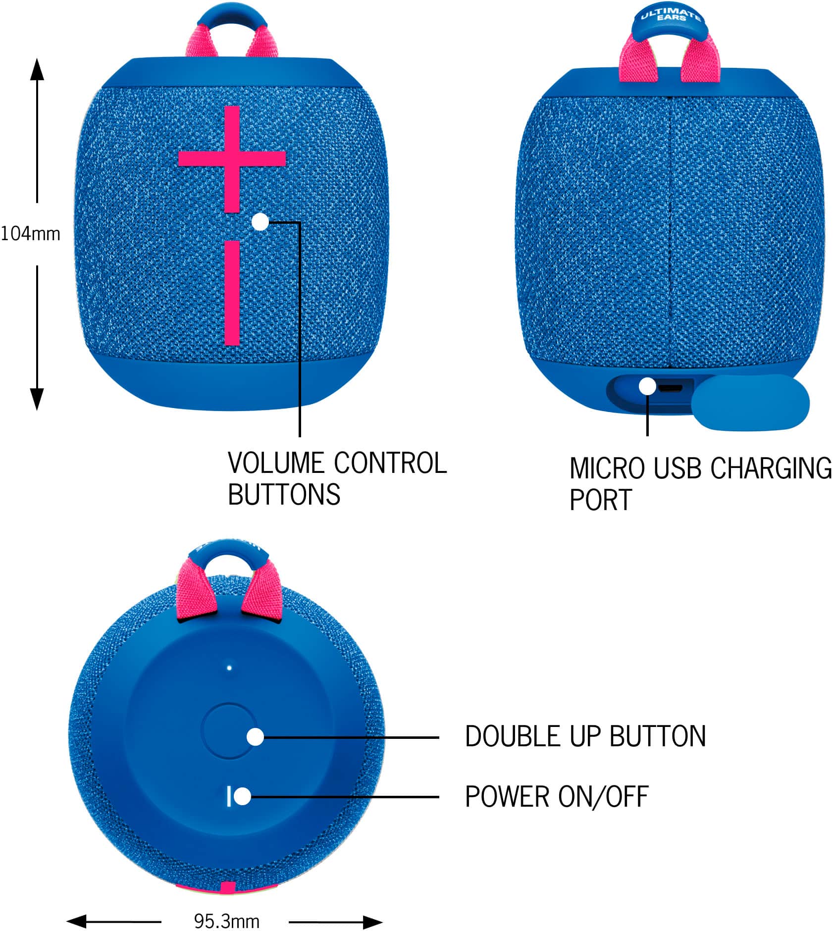 The image features a blue object with a volume control, micro USB charging port, and a double up button. The object also has a power on/off feature. The image is accompanied by a ruler, which measures 95.3mm.
