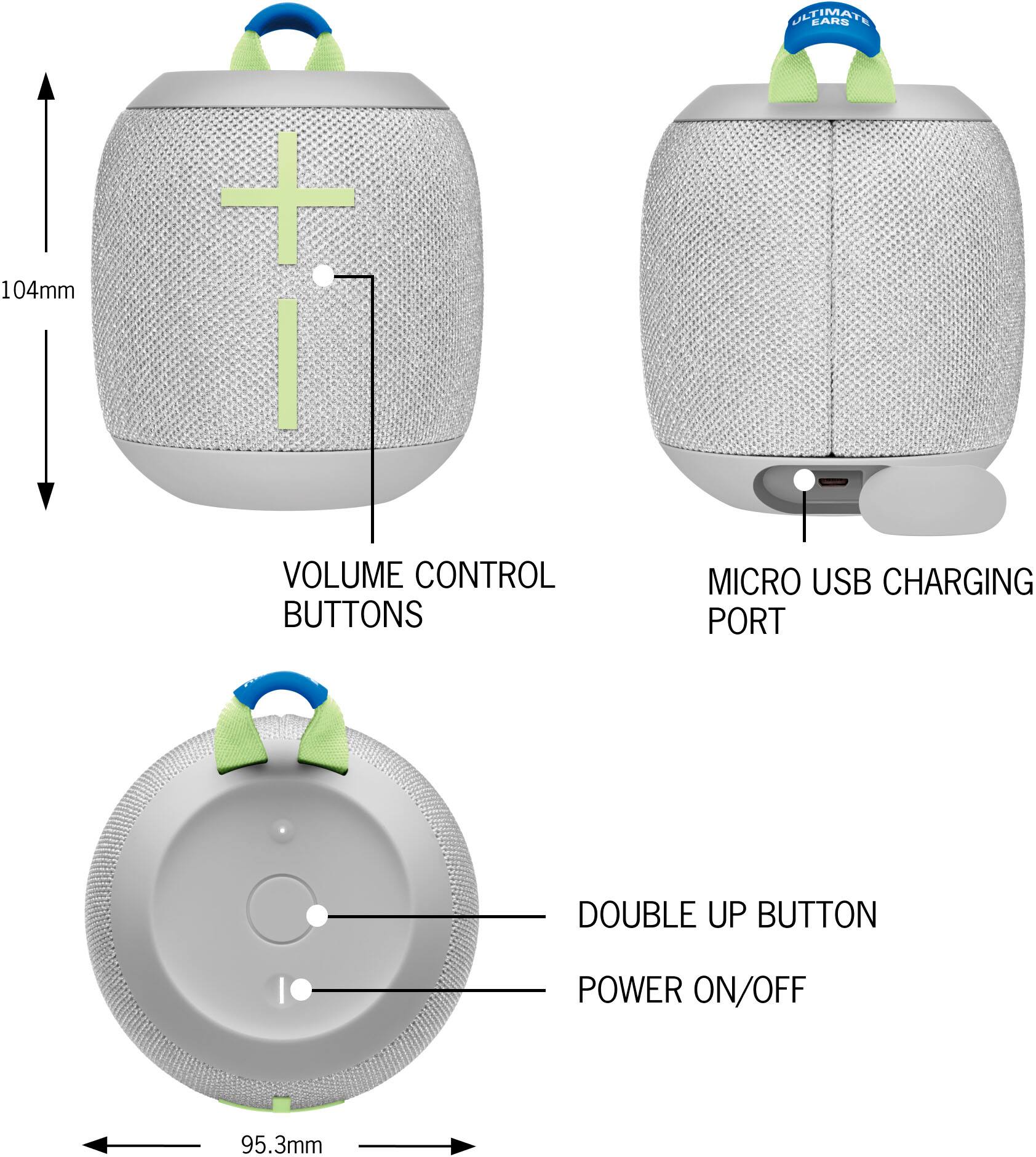 Ultimate Ears 104mm Volume Control Buttons Micro USB Charging Port Double Up Button Power On/Off 95.3mm