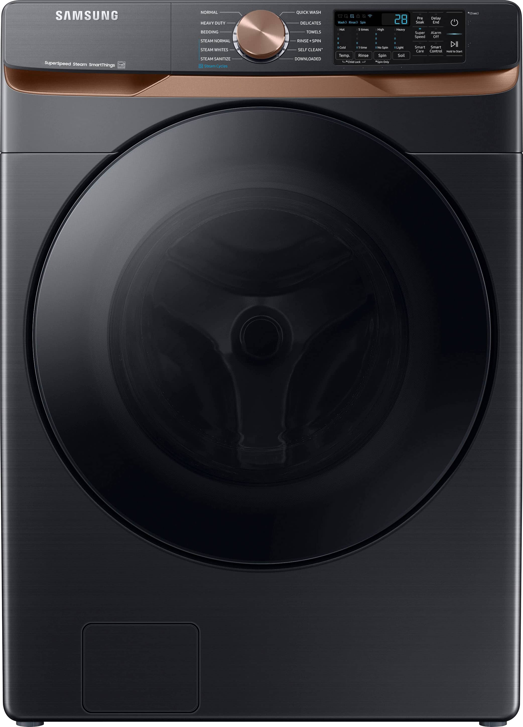 Front. Samsung - 5.0 Cu. Ft. High-Efficiency Stackable Smart Front Load Washer with Steam and Super Speed Wash - Brushed Black.