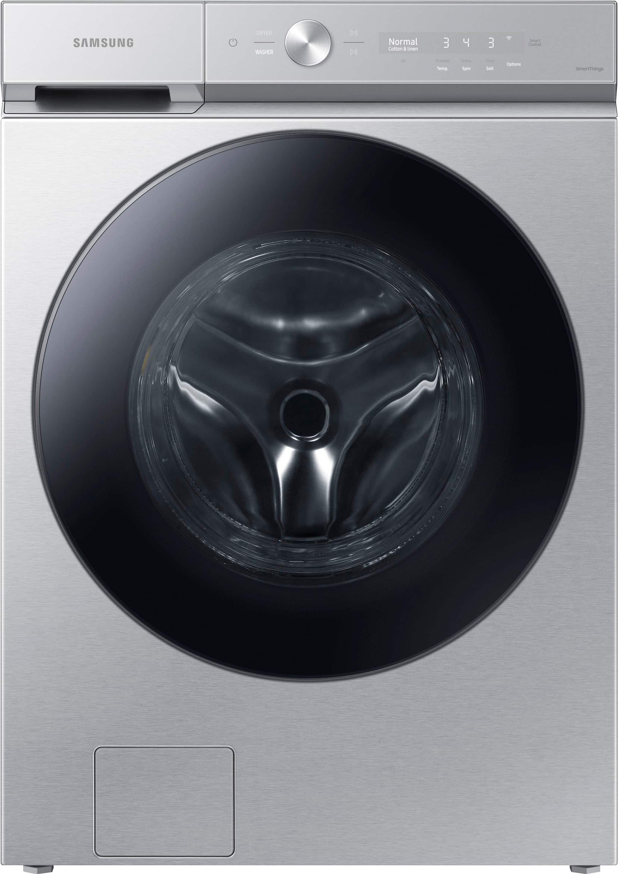 Front. Samsung - BESPOKE 5.3 Cu. Ft. High-Efficiency Stackable Smart Front Load Washer with Steam and Super Speed Wash - Silver Steel.