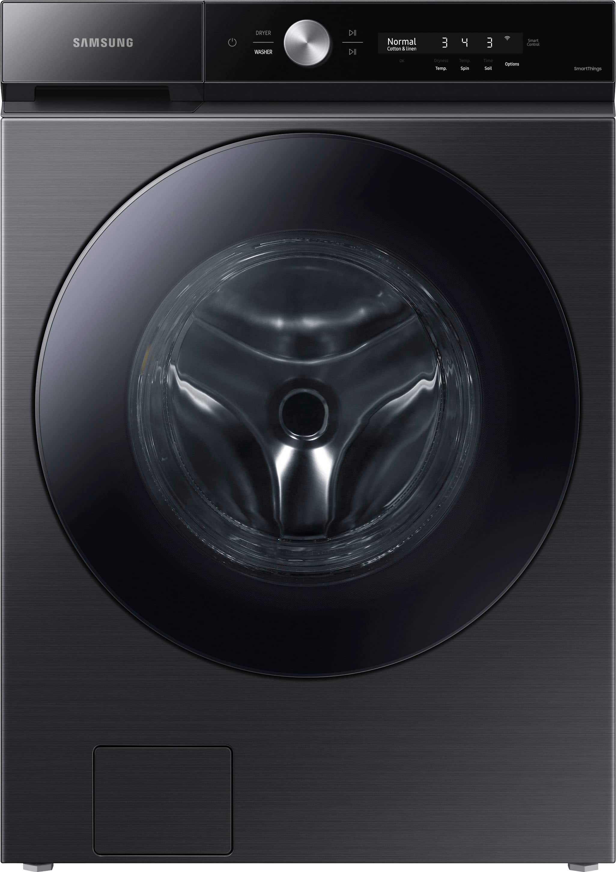 Front. Samsung - BESPOKE 5.3 Cu. Ft. High-Efficiency Stackable Smart Front Load Washer with Steam and Super Speed Wash - Brushed Black.