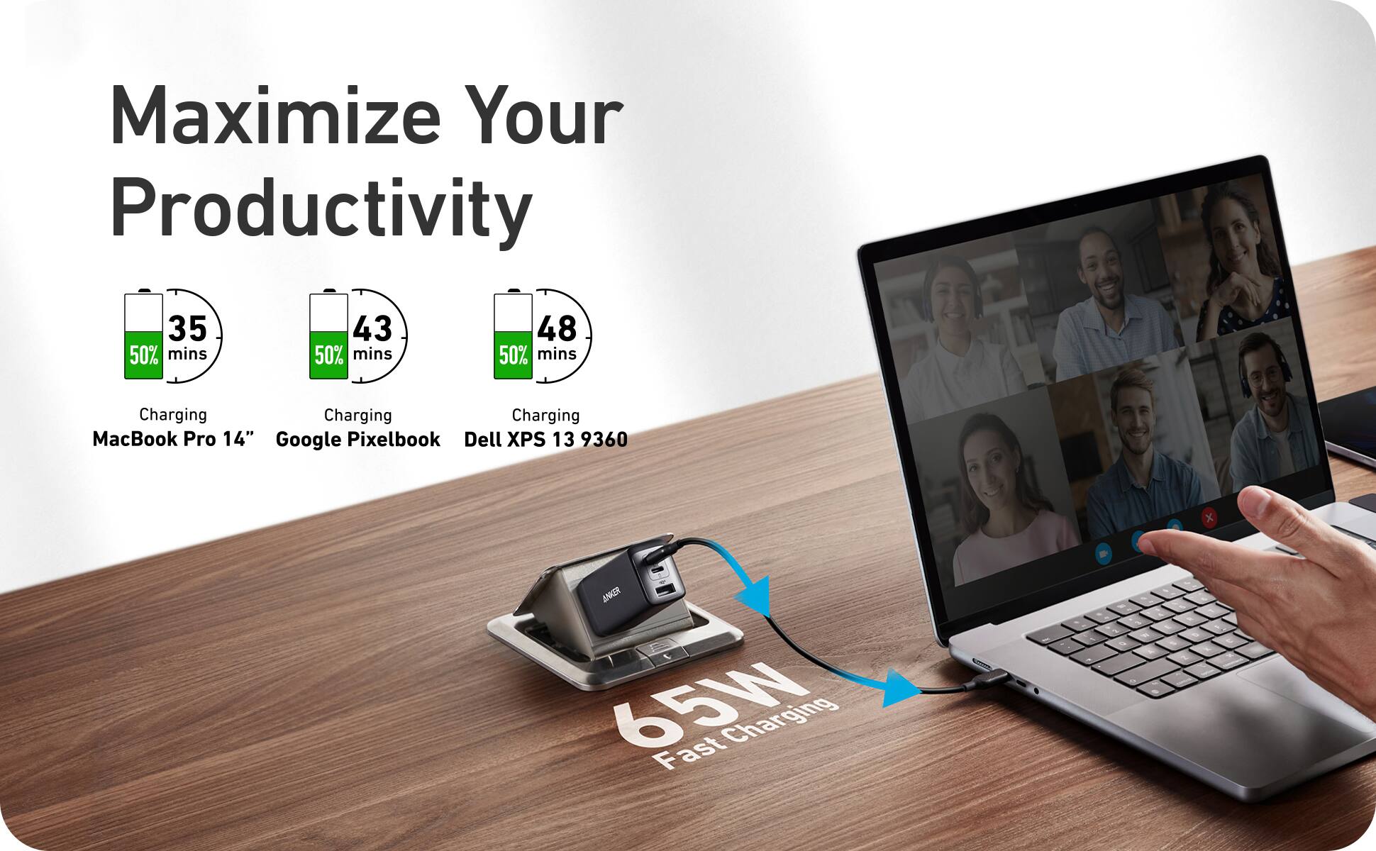 Zoom in on The image features a table with a laptop and a cell phone placed on top of it. The laptop is connected to a power adapter, which is likely charging the device. The image is categorized as "Power Adapters and Chargers," and it emphasizes the importance of charging devices to maximize productivity. The text "Maximize Your Productivity" is displayed prominently, highlighting the benefits of keeping devices charged and ready for use. The image also showcases the Anker 65W Fast Charging Power Strip, which is a popular choice for charging multiple devices at once.