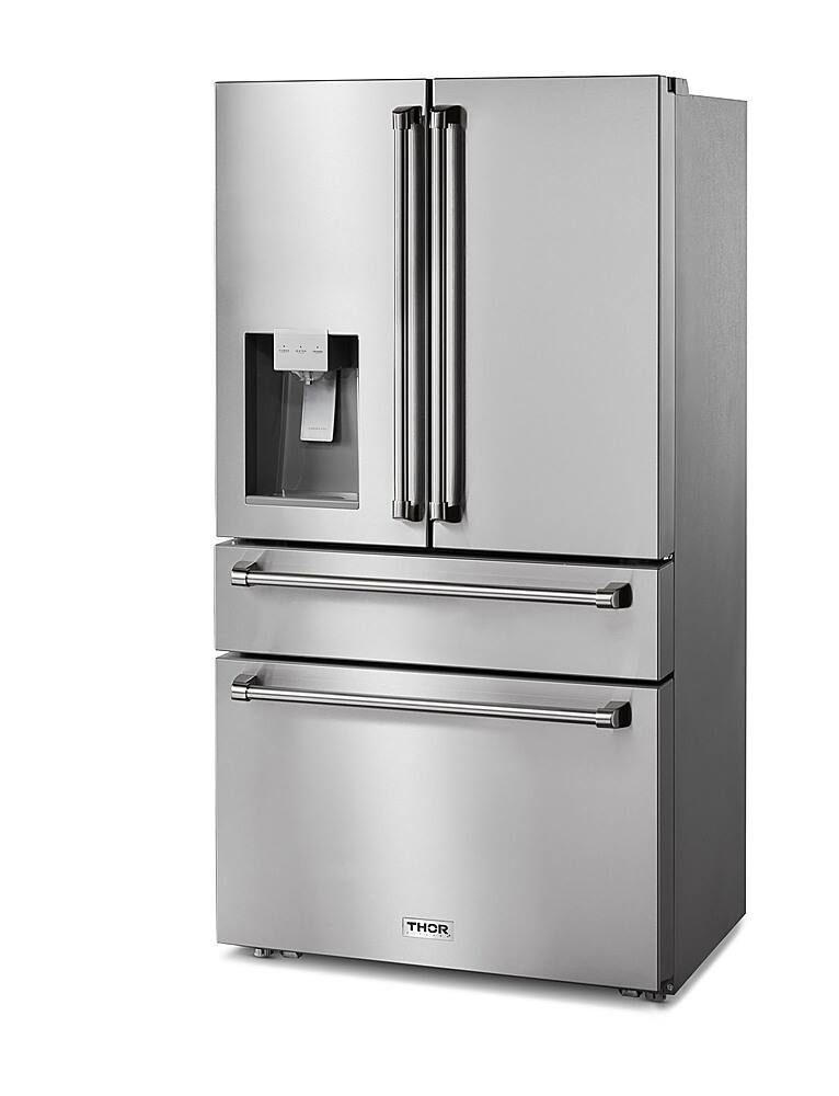 Angle. Thor Kitchen - 21.6-cu ft Professional French Door Refrigerator with Ice and Water Dispenser, Counter Depth - Stainless Steel.