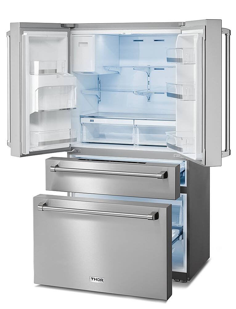 Left. Thor Kitchen - 21.6-cu ft Professional French Door Refrigerator with Ice and Water Dispenser, Counter Depth - Stainless Steel.