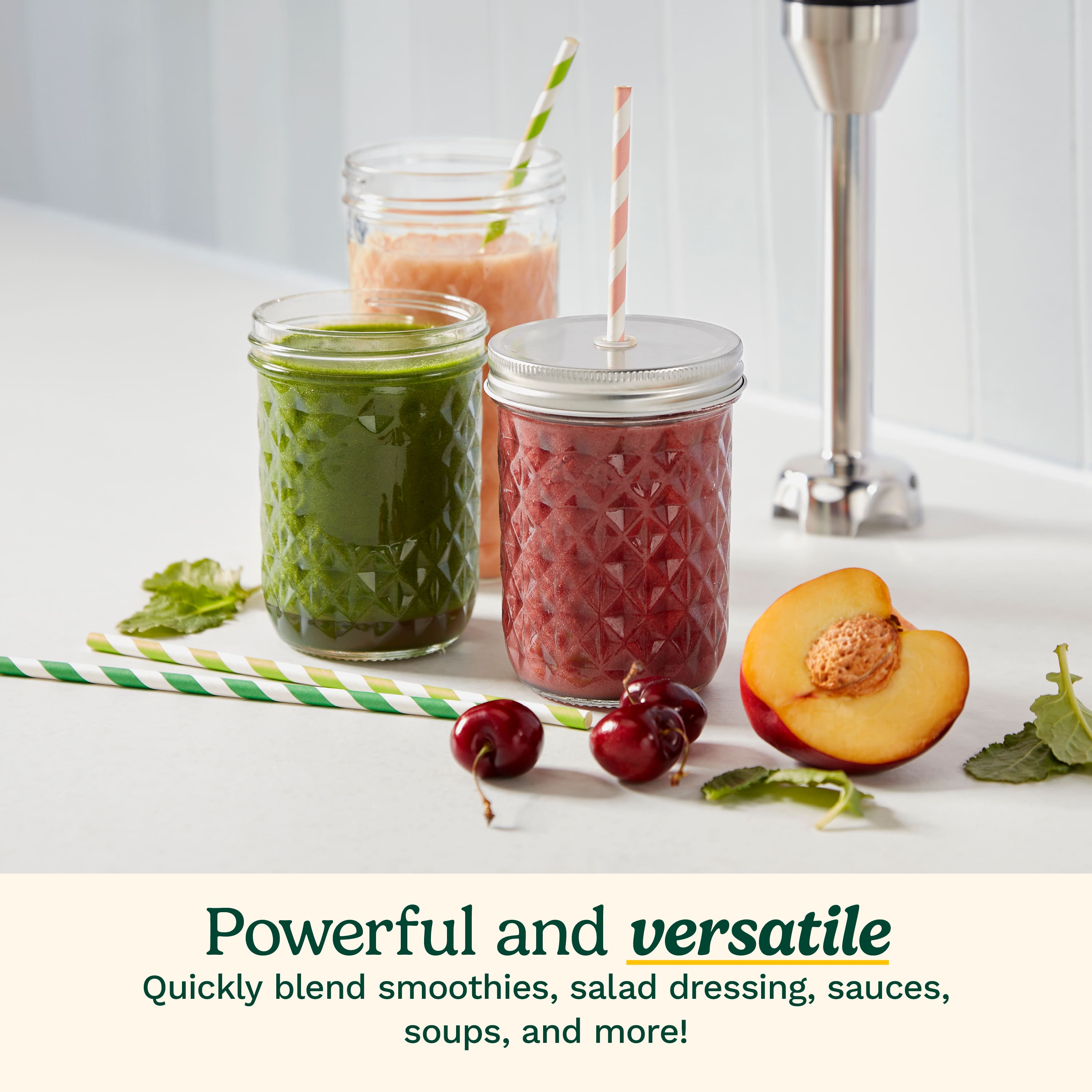 Powerful and versatile: Quickly blend smoothies, salad dressing, sauces, soups, and more!