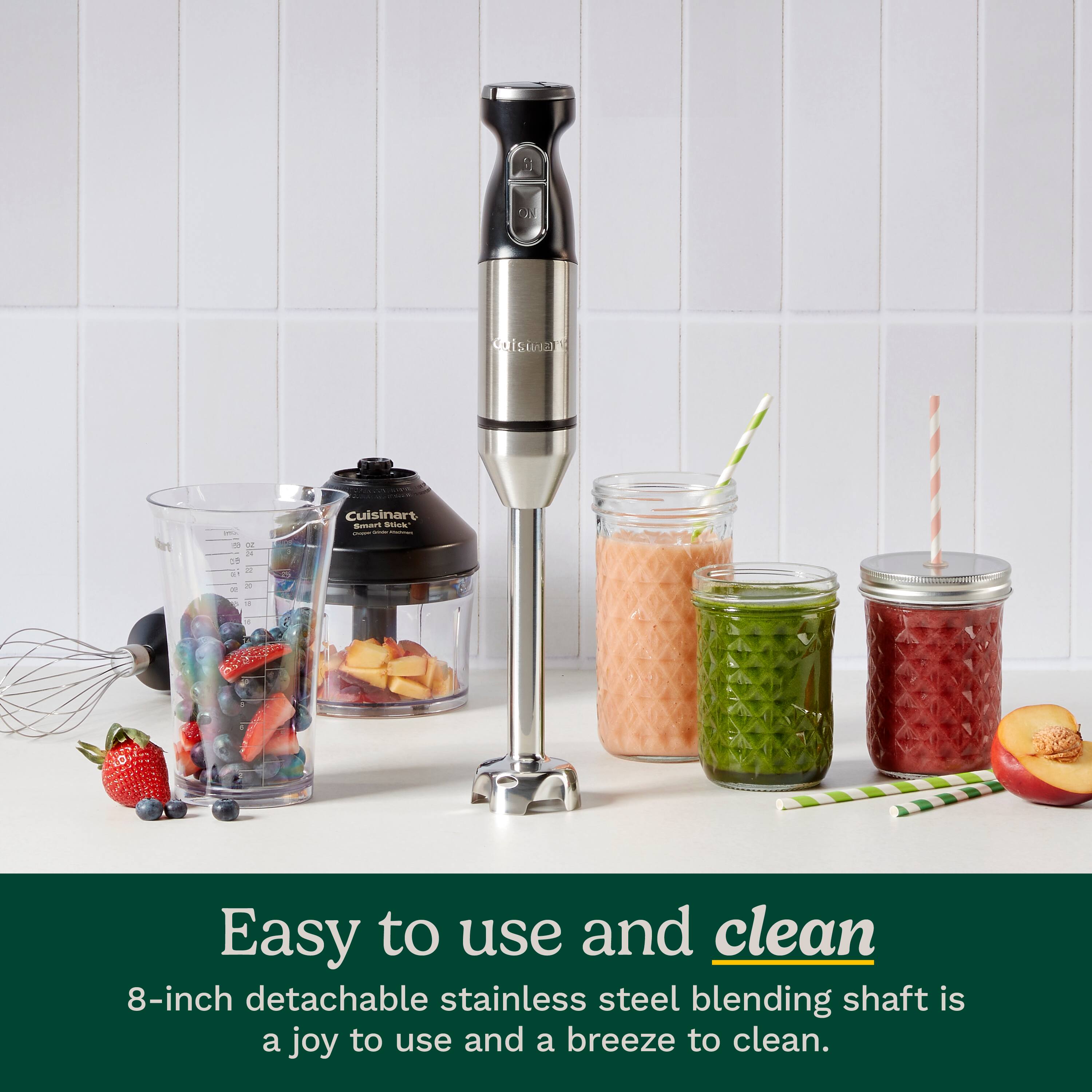 The text on the image reads: "Easy to use and clean. 8-inch detachable stainless steel blending shaft is a joy to use and a breeze to clean."