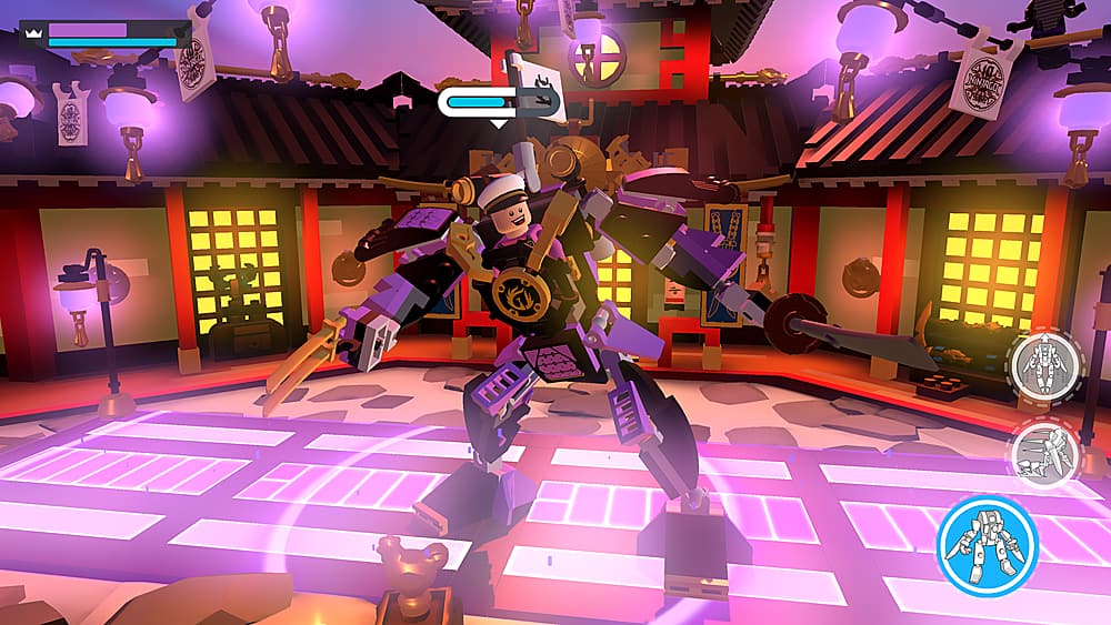 The image features a character in a video game, possibly a samurai, standing in a room with a purple background. The character is holding a sword and appears to be in a fighting stance. The room has a purple carpet, and there is a chair nearby. The image also shows a cat sitting on the floor.