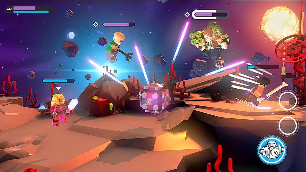 The image depicts a group of people playing a video game, likely a shooter or action game, on a console. There are at least five people visible in the scene, with some of them holding guns and engaging in the game. The game appears to be set in a futuristic environment, with a rocky landscape and a spaceship in the background. The players are actively participating in the game, making it an exciting and immersive experience.