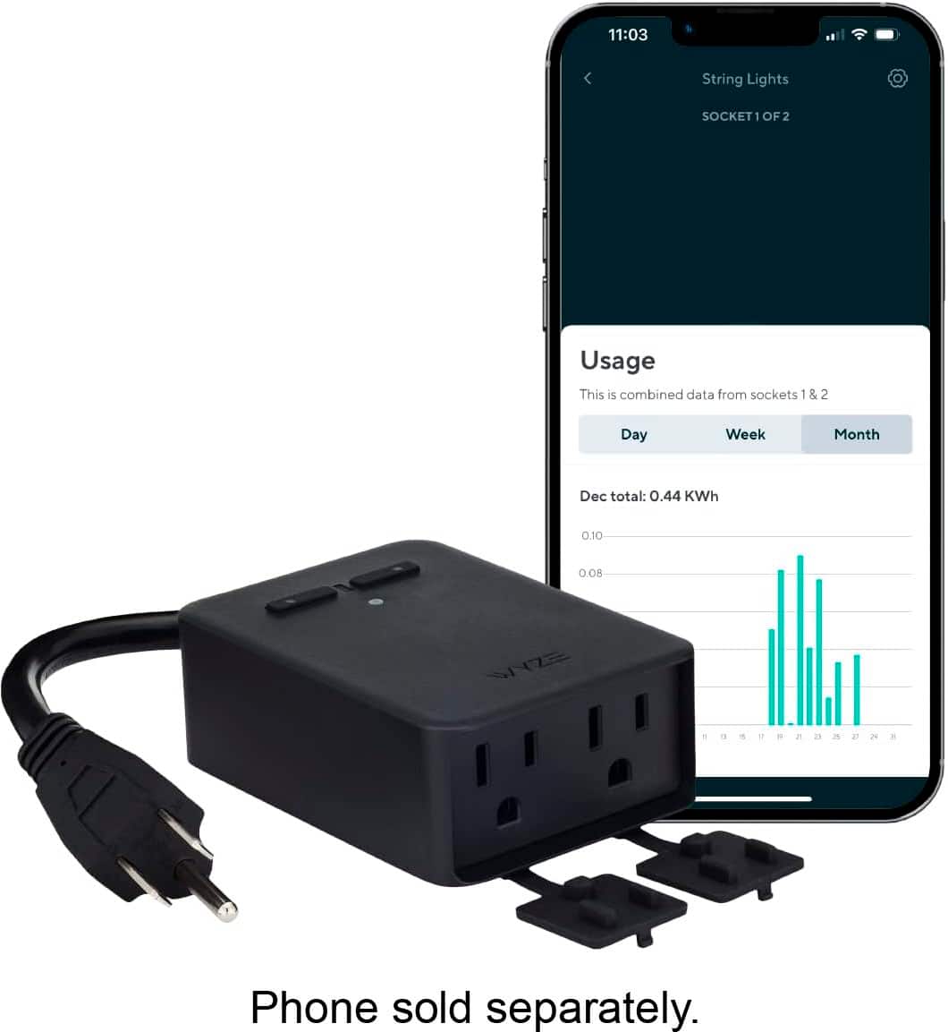 The image shows a smartphone displaying the usage of a string of lights. The text on the image reads: "11:03 String Lights SOCKET1OF Usage This is combined data from sockets 1&2 - & 2 Day Week Month Dec total: 0.44 KWh 0.10 0.08 SAE . - . - i d A d 2 ." This text indicates that the smartphone is monitoring the usage of the string lights, and the data is being collected from sockets 1 and 2. The total usage for the month of December is 0.44 KWh, with a daily average of 0.10 KWh and a weekly average of 0.08 KWh.
