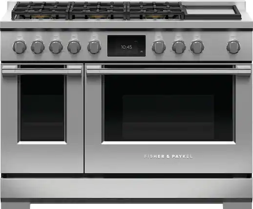 Front. Fisher & Paykel - Professional 6.9 Cu. Ft. Built-in Double Oven Dual Fuel 6 Burner with Griddle and Self-Cleaning Natural Gas - Black.