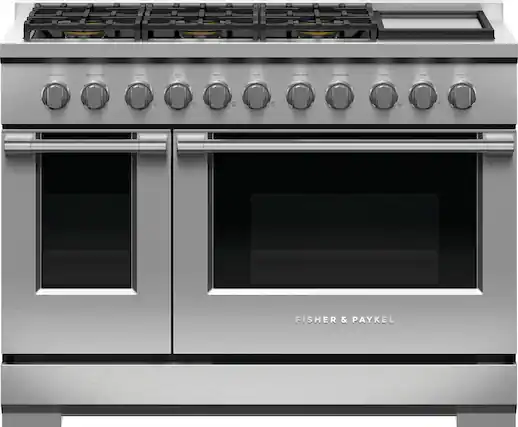 Front. Fisher & Paykel - 7.7 Cu. Ft. Freestanding Double Oven Gas Convection Range with Griddle, NG - Stainless Steel.