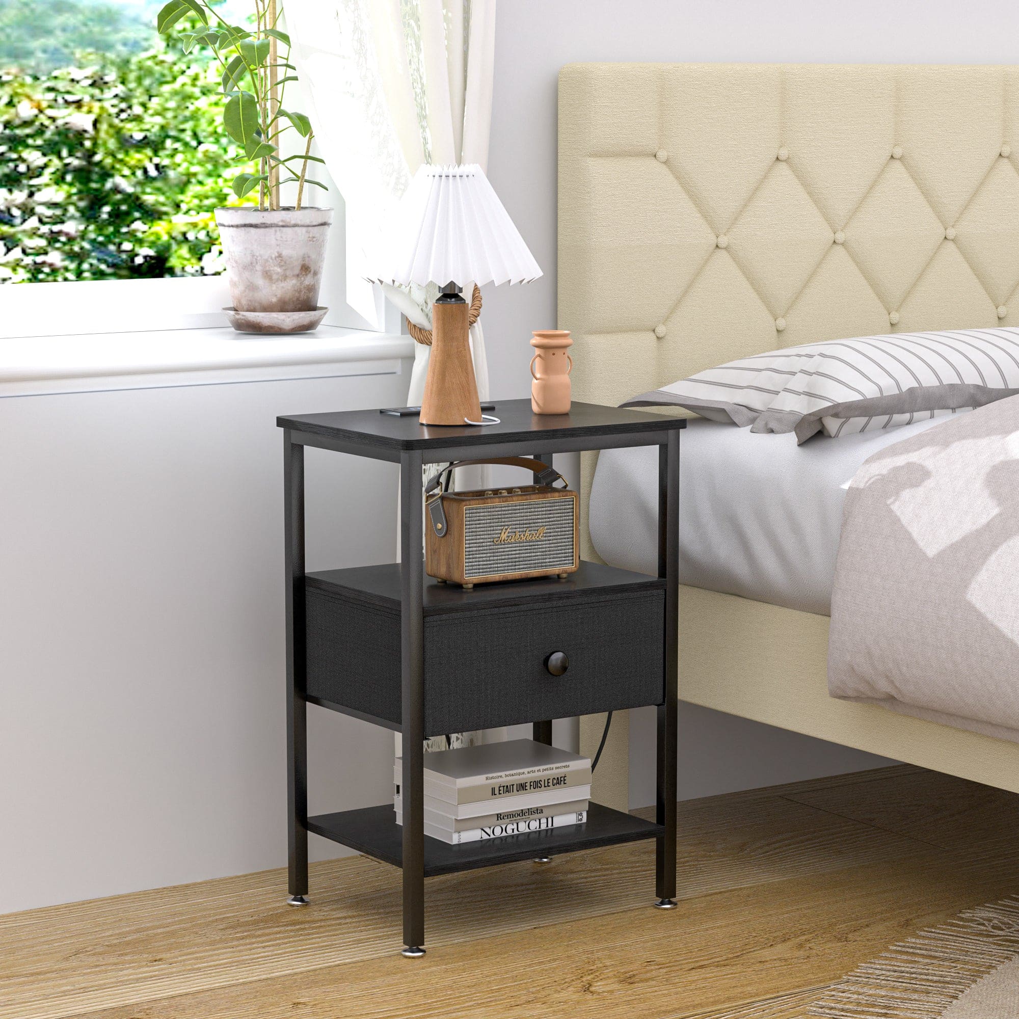 Vecelo - 1Pack Nightstand with Charging Station, Bedside Table with USB Ports and Outlets for Bedroom - Black