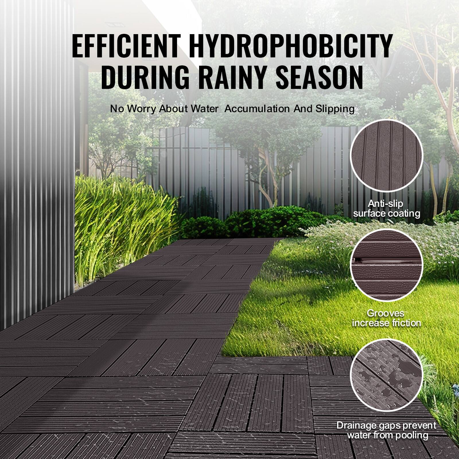 EFFICIENT HYDROPHOBICITY DURING RAINY SEASON  
No Worry About Water Accumulation And Slipping  

- Anti-slip surface coating  
- Grooves increase friction  
- Drainage gaps prevent water from pooling