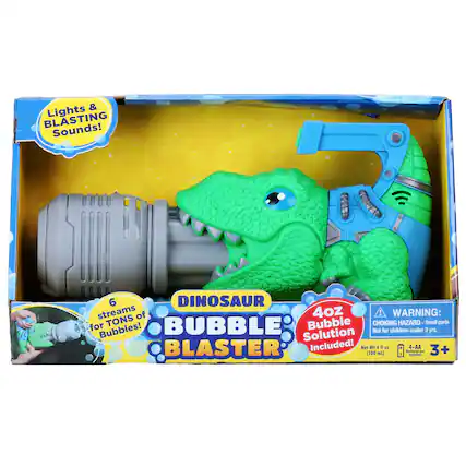 The text on the image reads: "& Lights BLASTING Sounds! 6 DINOSAUR streams of 4oz BUBBLE BLASTER Solution Included! Net Wt 1 1.3+ (100 mL) aludos A CHOKING HAZARD-Small parts. Not for children under 3 yrs."