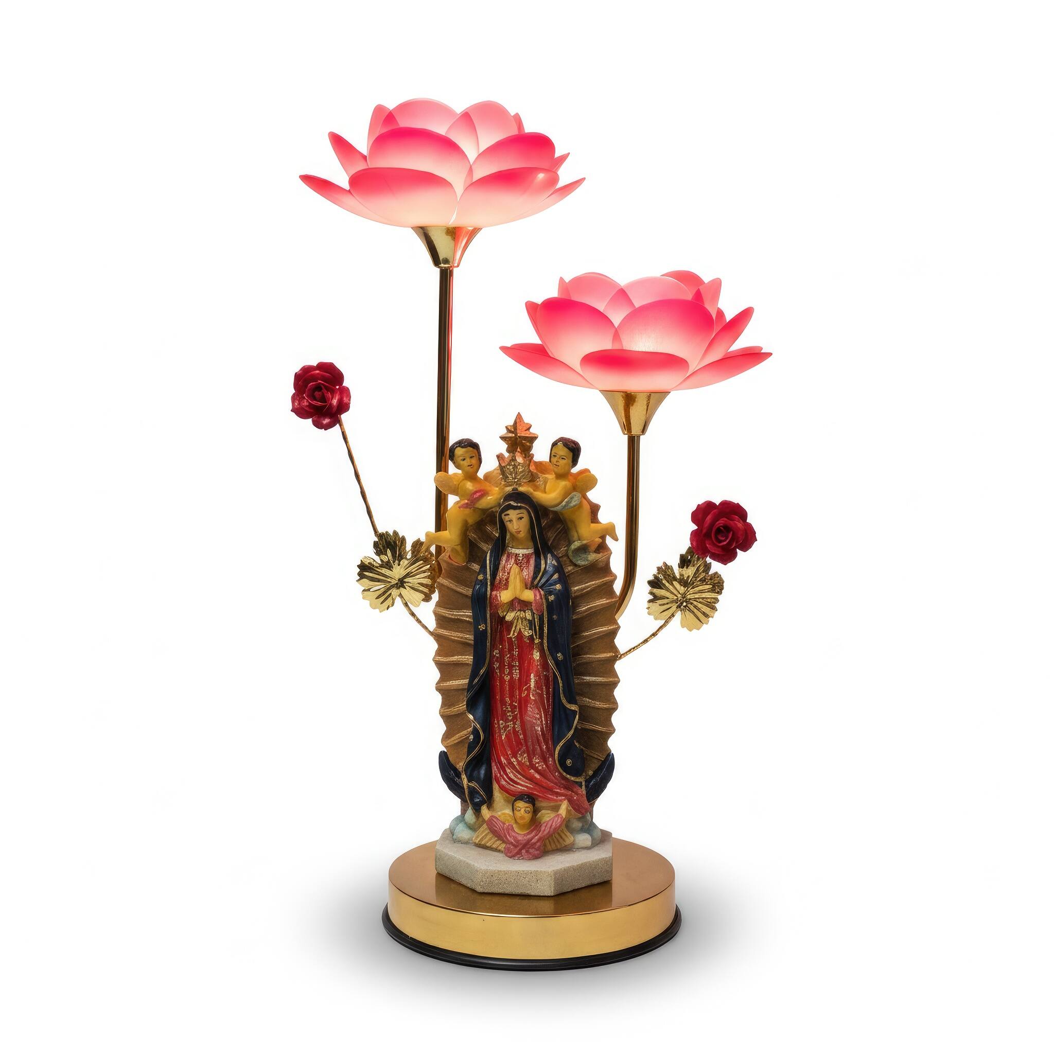 Angle. FC Design - 20"H Golden Color Religious Floral Design Statue with Pink Lotus Flowers Touch Lamp.