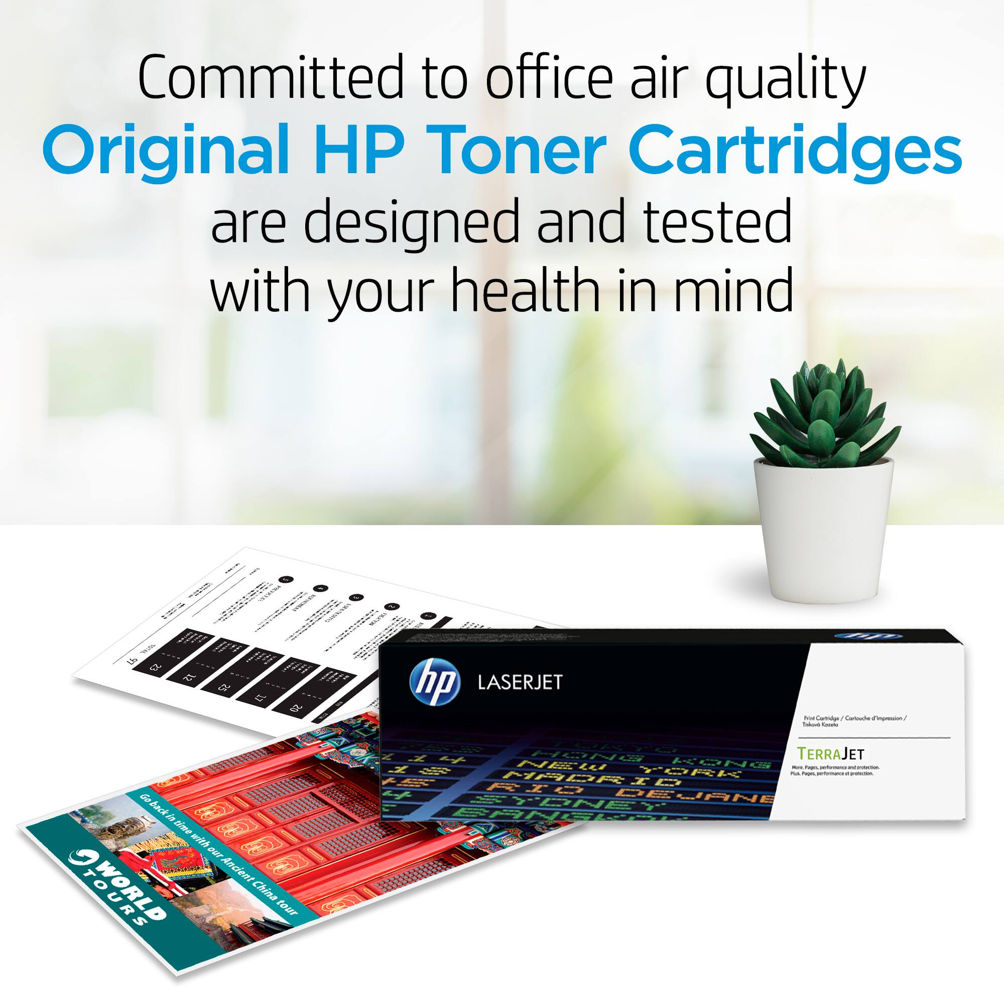 Committed to office air quality, Original HP Toner Cartridges are designed and tested with your health in mind.