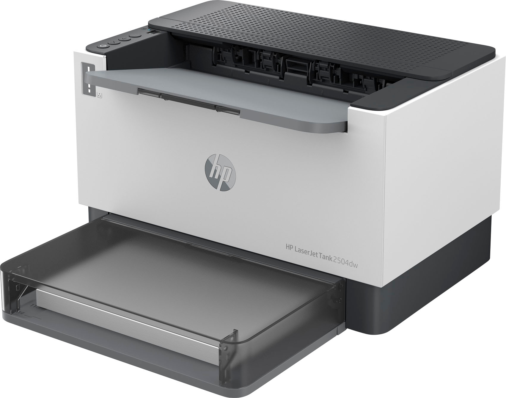 Left View: HP - LaserJet Tank 2504dw Wireless Black-and-White Laser Printer preloaded with up to 2 years of toner - White