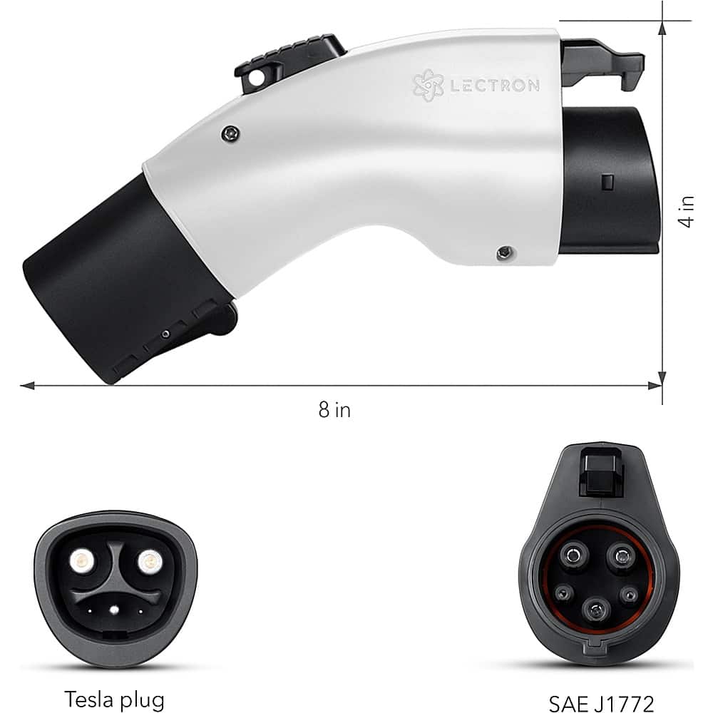 The text on the image reads: "LECTRON 4 8 in Tesla plug SAE J1772."