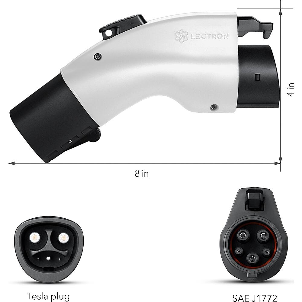 The text on the image reads: "LECTRON 4 8 in Tesla plug SAE J1772."