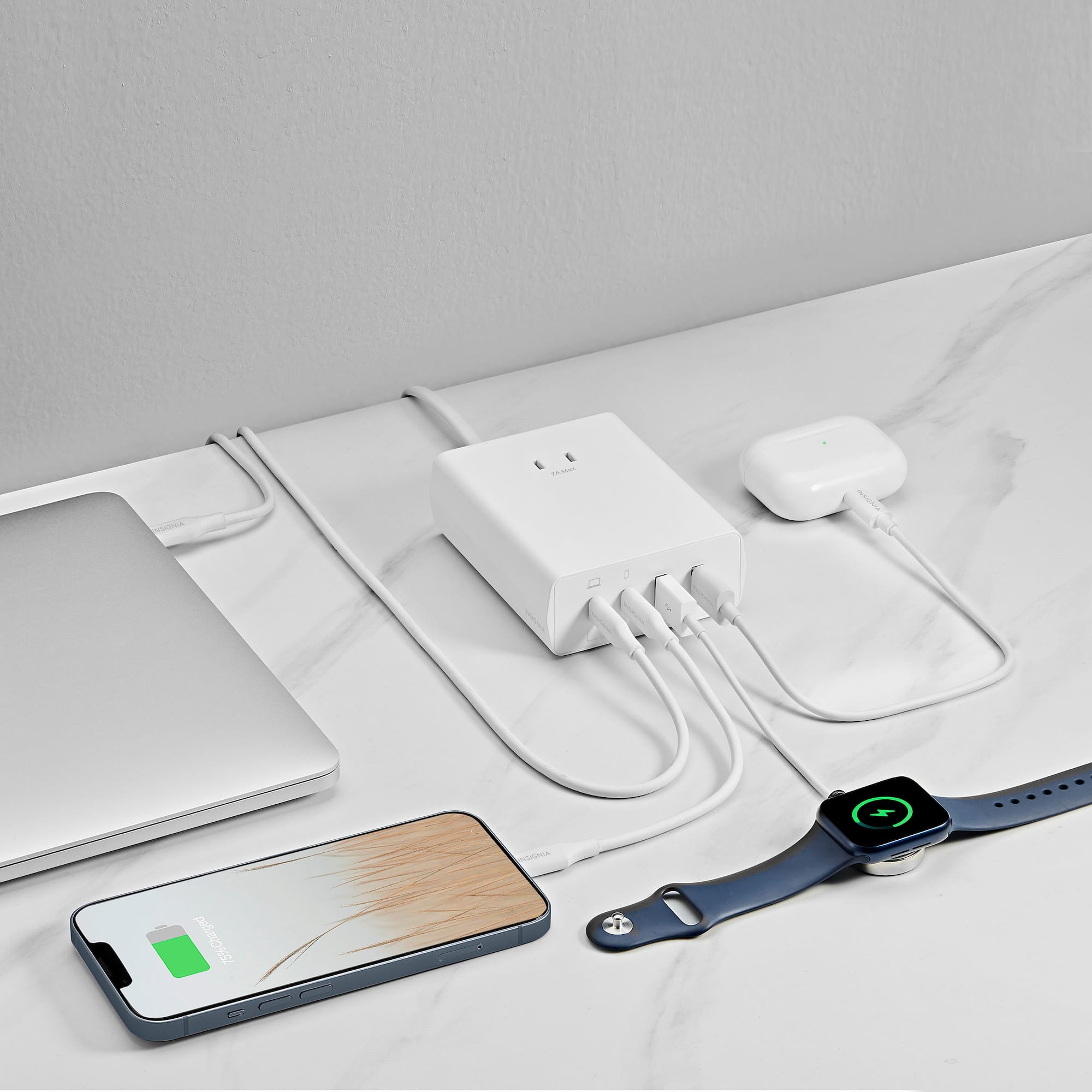 Zoom in on Alt View Zoom 18. Insignia™ - 100W 4-Port USB and USB-C Desktop Charger Kit for MacBook Pro, Smartphone, Tablet and More - White.