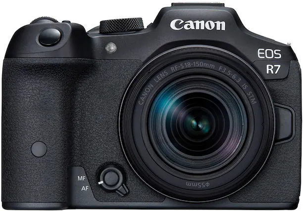 Front. Canon - EOS R7 Mirrorless Camera with RF-S 18-150mm f/3.5-6.3 IS STM Lens - Black.